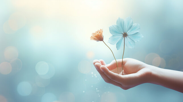 World Kindness Day banner, November 13th. Hand holding a flower with blurred colorful background.