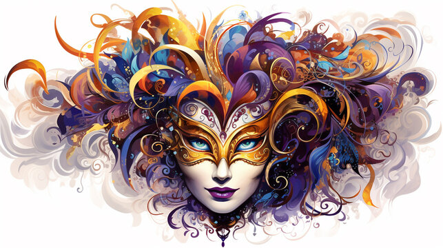 Carnival style, multi-colored masks with multi-colored plumage on white.