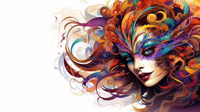 Carnival style, multi-colored masks with multi-colored plumage on white.