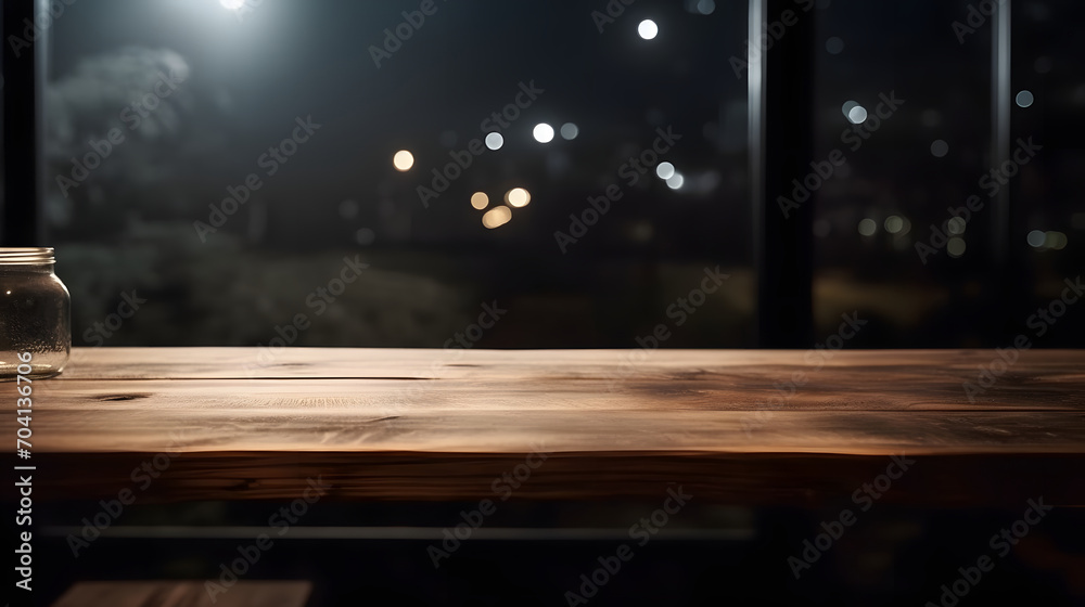 Poster Empty dark wooden table in front of abstract blurred bokeh background of restaurant . can be used for display or montage your products.Mock up for space