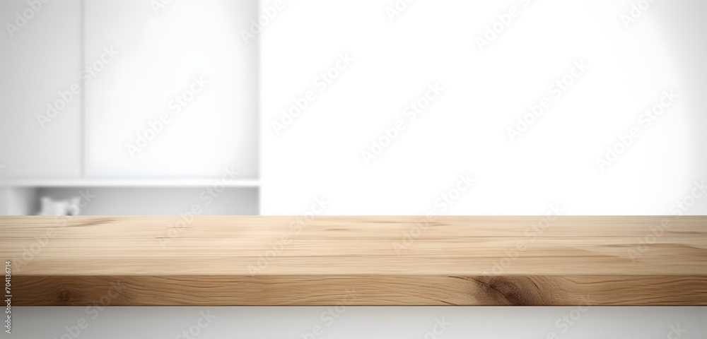Poster light wood table top on blur white gray abstract background - can be used for display or montage you