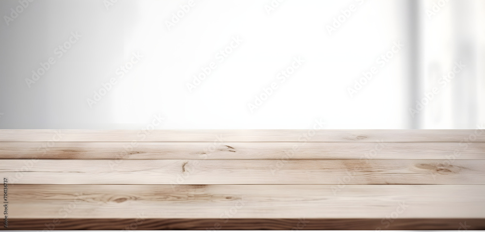 Poster light wood table top on blur white gray abstract background - can be used for display or montage you