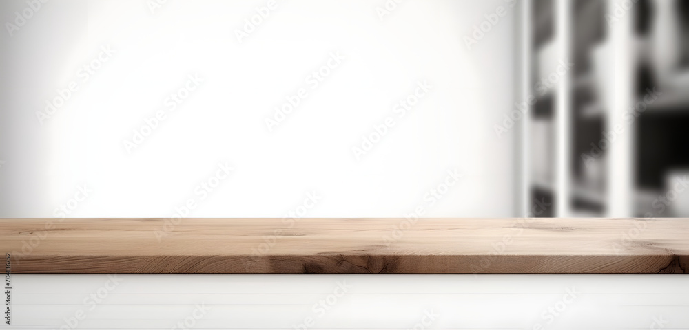 Poster light wood table top on blur white gray abstract background - can be used for display or montage you