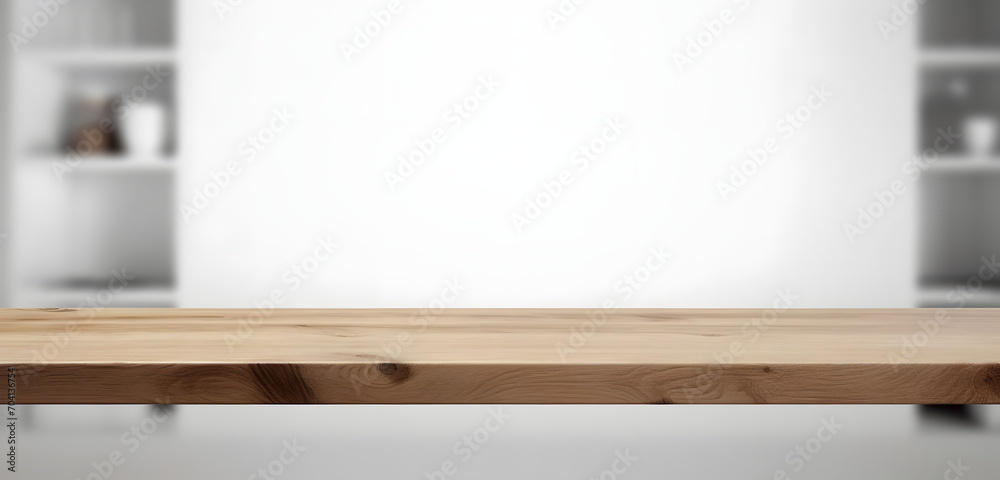 Poster light wood table top on blur white gray abstract background - can be used for display or montage you