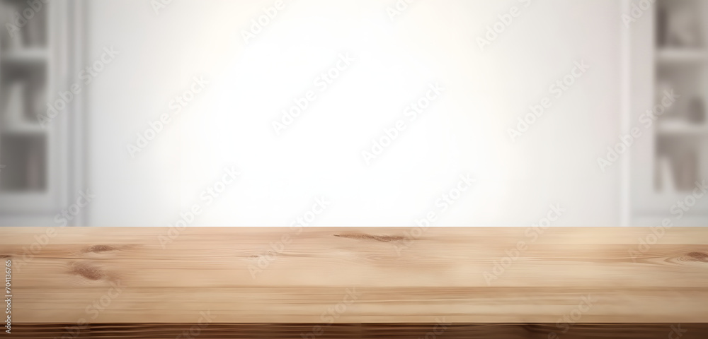 Poster light wood table top on blur white gray abstract background - can be used for display or montage you