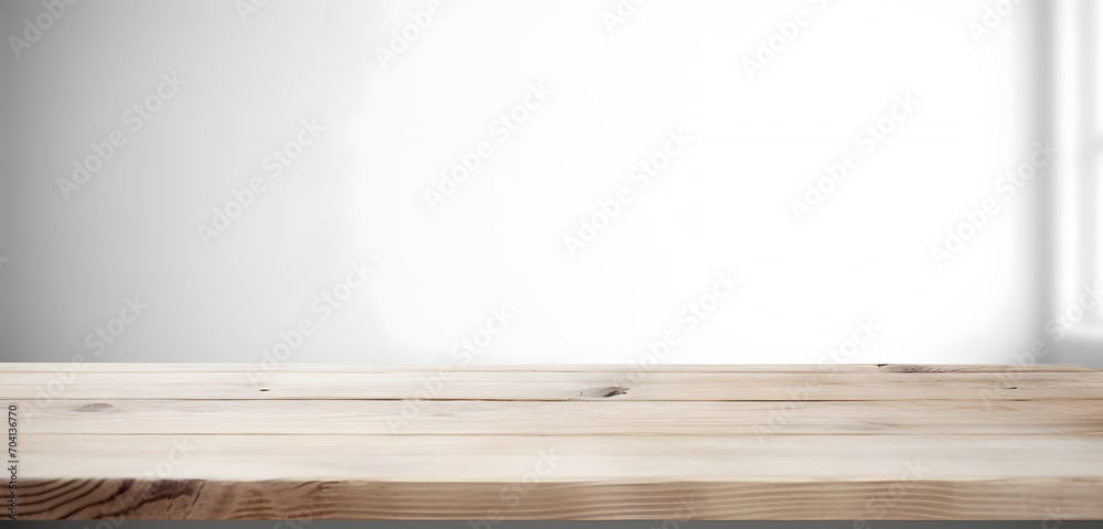 Poster light wood table top on blur white gray abstract background - can be used for display or montage you