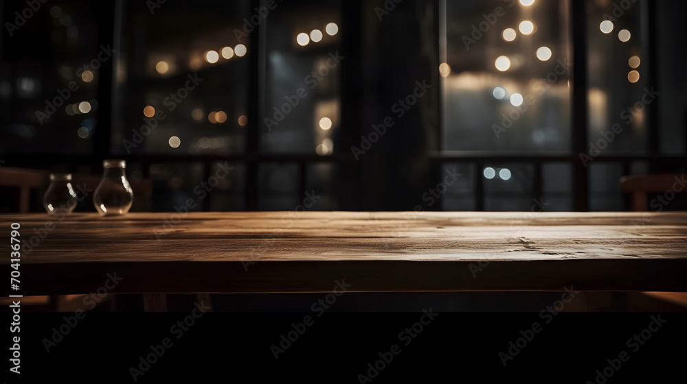 Poster Empty dark wooden table in front of abstract blurred bokeh background of restaurant . can be used for display or montage your products.Mock up for space