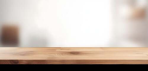 Light wood table top on blur white gray abstract background - can be used for display or montage your products