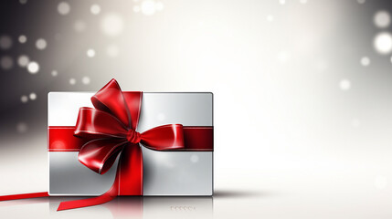 Gift card with red ribbon with blurred background.