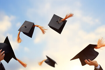 Graduates throwing mortarboards in the air. Education and graduation concept.