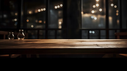 Empty dark wooden table in front of abstract blurred bokeh background of restaurant . can be used for display or montage your products.Mock up for space