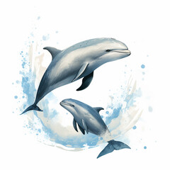A couple of dolphins with splashes of water. World marine mammal protection day simple image on white background.