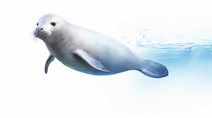 Fototapeta premium Cute seal close up view direct, minimalistic image with space for advertising. World marine mammal protection day simple image on white background.