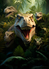 fondo de tiranosaurio rex, cabezas de dinosaurios saliendo de una jungla, background adecuado para una tarjeta, poster e impresion