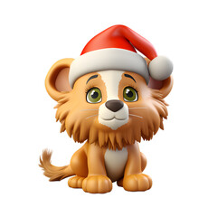 3d cartoon lion, christmas animal clipart, isolated on transparent background