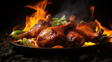 Barbecued chicken on a flaming grill - obrazy, fototapety, plakaty