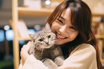 猫カフェでネコを可愛がる若い女性