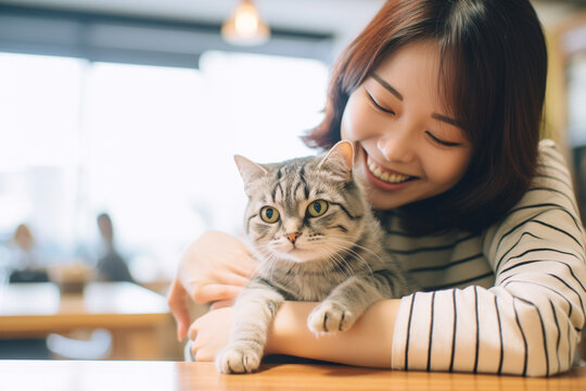 猫カフェでネコを可愛がる若い女性