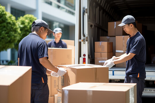 トラックに荷物を積み込む引っ越し業者