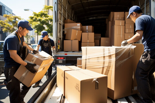 トラックに荷物を積み込む引っ越し業者