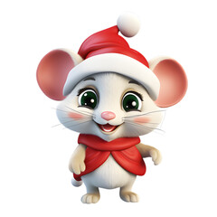 cute 3d mouse wearing santa hat, christmas animal clipart, isolated on transparent background