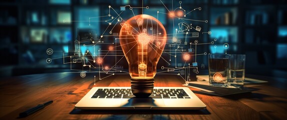 Glowing Light Bulb on Laptop with Digital Drawing of Circuitry and Icons - obrazy, fototapety, plakaty