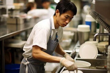 皿洗いのアルバイトをする若い男性