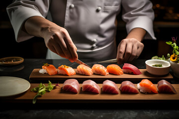 Japanese chef preparing sushi on a wooden board in a restaurant kitchen.