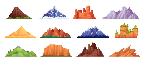 Cartoon mountain landscape elements. Vector icy peaks, hill, canyon, sand dune, rocks and volcano for camping, climbing or hiking illustration