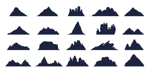 Mountain silhouette set. Abstract hills, cliffs, ridges and rocks for hiking, climbing or tourism emblem vector design. Mountain shapes