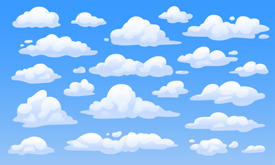 Set of white clouds in cartoon style on a blue background. Vector fluffy clouds for sky landscape. Weather elements © ksania