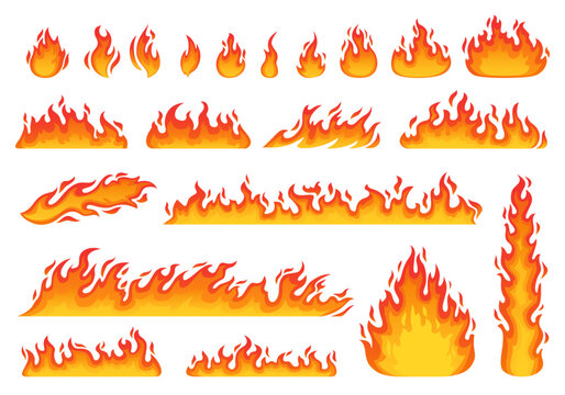 Cartoon fire flames set. Hot bonfire elements, burning effects, hell blaze. Vector symbols for campfire, fireballs or torch