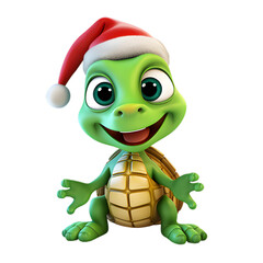 cute 3d turtle wearing santa hat, christmas animal clipart, isolated on transparent background
