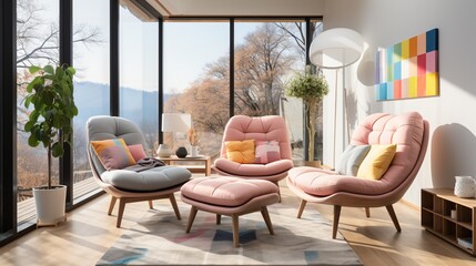 Modern living room interior with pink armchairs and large windows