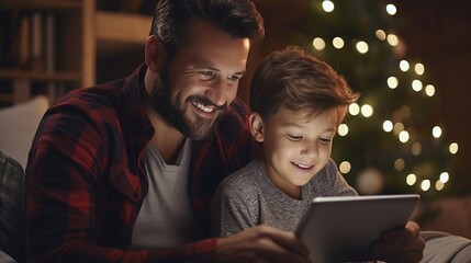 Father and son using tablet at Christmas