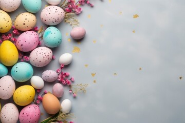 Fototapeta na wymiar Happy easter decoration background, colorful eggs, flat lay , copy space - generative ai