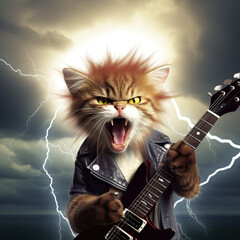Heavy metal hair band, glam, rocker, cat lightning storm thunder background concert music video...