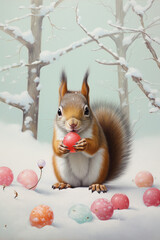 Fototapeta na wymiar Illustration of a cute squirrel eating a red fruit