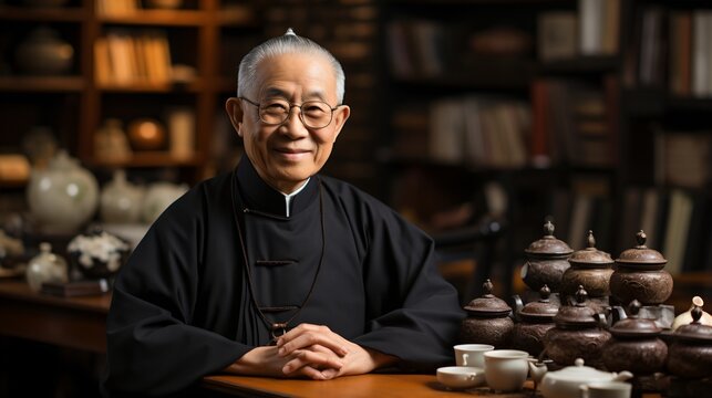 Portrait Of A Smiling Elderly Chinese Man In Traditional Clothing