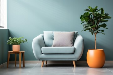 Comfortable blue armchair with a throw pillow in a bright room with potted plants,