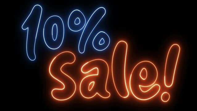 %10 Sale Text electric lighting text with blue orange neon 3d animation on black background. 10%off. Black friday concept