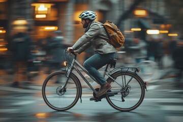 Cyclist with backpack riding in front of a busy street