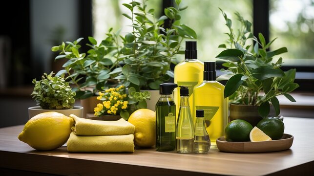 Natural cleaning products with citrus fruits and plants