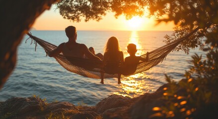 Parents and kids together in hammock playing and relaxing