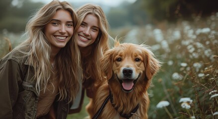 Two women, one with a smile on her human face, pose in the outdoor grass with their beloved dog, a brown breed, adding a touch of joy to the scene