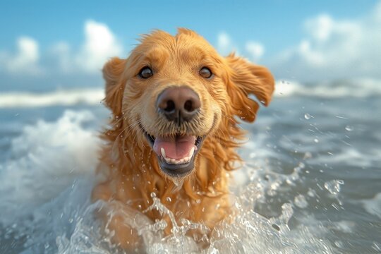 Dog runs through the water on the beach