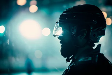 Foto op Plexiglas Dramatic silhouette of an ice hockey player with helmet © Jan