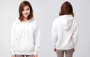 Fototapeta premium Young female model presenting a white hoodie, front and back mockup