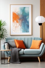 Blue and orange abstract painting in a modern living room