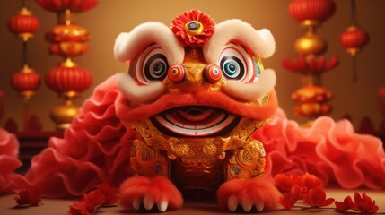 Fototapeta premium Traditional Chinese lion dance costume with festive decoration. Chinese New Year celebration.